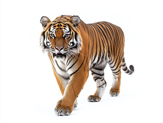 Fototapeta premium Fierce tiger with bold stripes isolated on white background.