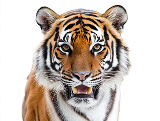 Obraz premium Fierce tiger with bold stripes isolated on white background.