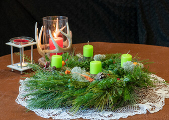 making an advent wreath, floristry concept, handmade, various items for creating Christmas...