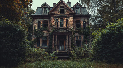 Obraz premium A decaying mansion surrounded by twisted vines, where strange noises echo from within and ghostly figures flicker in the windows.