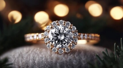 Fototapeta premium A stunning diamond engagement ring with a sparkling halo, set against a soft background of warm lights and greenery, perfect for romantic occasions.
