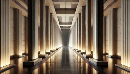 Obraz premium A futuristic, monochromatic architectural scene featuring a symmetrical corridor lined with tall concrete columns