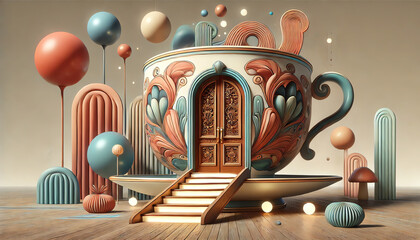 A whimsical and creative architectural scene featuring a giant teacup repurposed as an elegant entrance to a small building