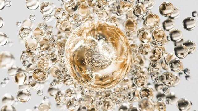Gold cosmetic serum with liquid bubbles in a 3D abstract background. Hydrating essence gel enriched with collagen molecules. Moisturizing cream or oil for advanced skincare, beauty, and skin health.