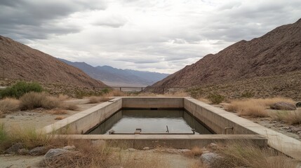 Obraz premium Abandoned Pool Surrounded by Mountain Landscape