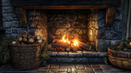 Fototapeta premium Rustic Fireplace with a Cozy Fire and a Basket of Logs