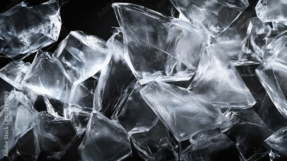 Poster layers of translucent ice shards arranged on a black backdrop, their fractured surfaces creating an 