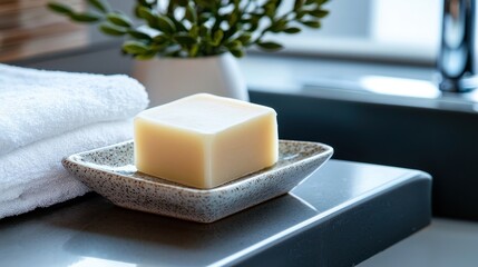 Simple White Soap Bar on Ceramic Dish with Towels in Bathroom