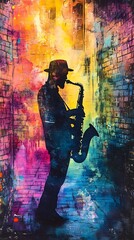 Naklejka premium Urban Dreams Overlay, Jazz Musician Silhouette in Urban Alley Art