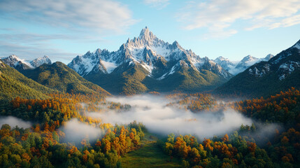 Fototapeta premium breathtaking mountain landscape with snow capped peaks, lush green forests, and vibrant autumn foliage. layer of mist blankets valley, creating serene and magical atmosphere