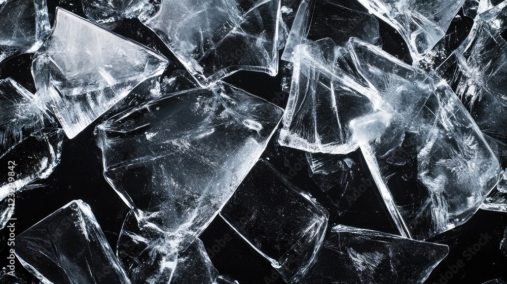 Poster layers of translucent ice shards arranged on a black backdrop, their fractured surfaces creating an 