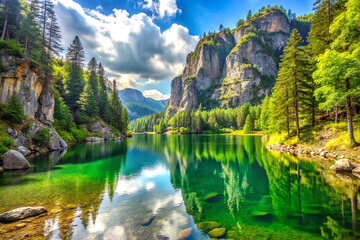 Fototapeta premium Mountain lake surrounded by dense forests, isolated on natural background