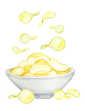 recommend clip art: Watercolor  potato chips clipart isolated on a white background. Hand painted vegetable snack  illustration. Fast food menu.