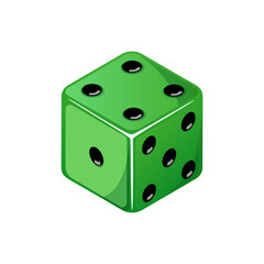 Game dice, green dice with the number four side coming up. Dice cube icon isolated on white background.