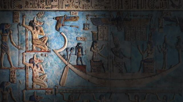 Light spot moving on hieroglyphic carvings and paintings on the interior walls of an ancient egyptian temple, 4k