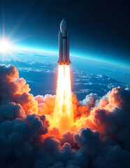Powerful Rocket Launch into Space with Glorious Flames and Earth's Horizon in the Background