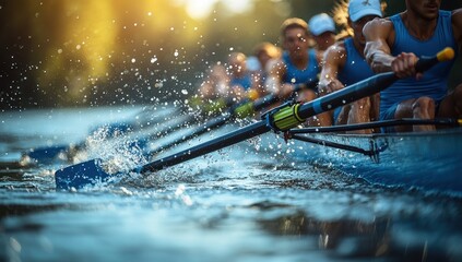 Competitive rowing team racing on a river with oars striking the water.