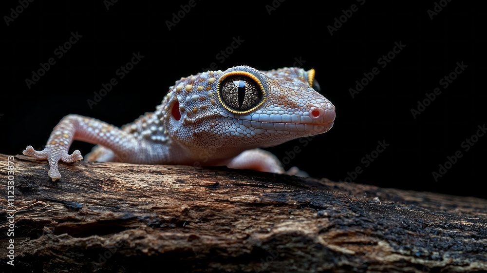 Aufkleber A leopard gecko rests on rustic wood, its striking patterns highlighted against a dark backdrop