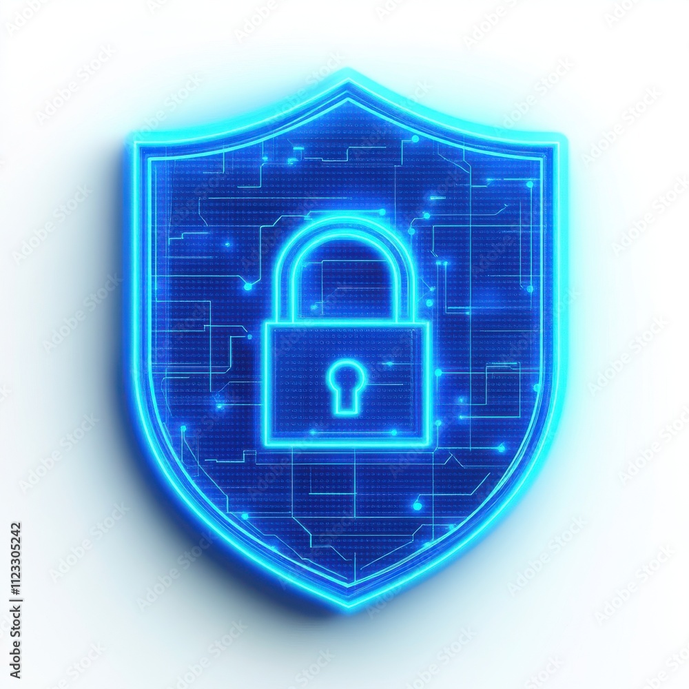 Poster digital shield icon representing cybersecurity and data protection in a blue neon style.