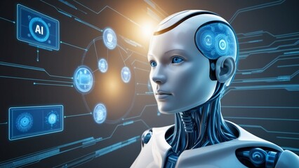 Artificial Intelligence Internet of Things Network Protection Global Business Robots Touch Key Protection Icons Digital technology concepts online marketing, data analysis, e-commerce connectivity