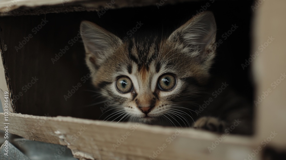 Poster adorable tabby kitten peeking out from a crate in natural light