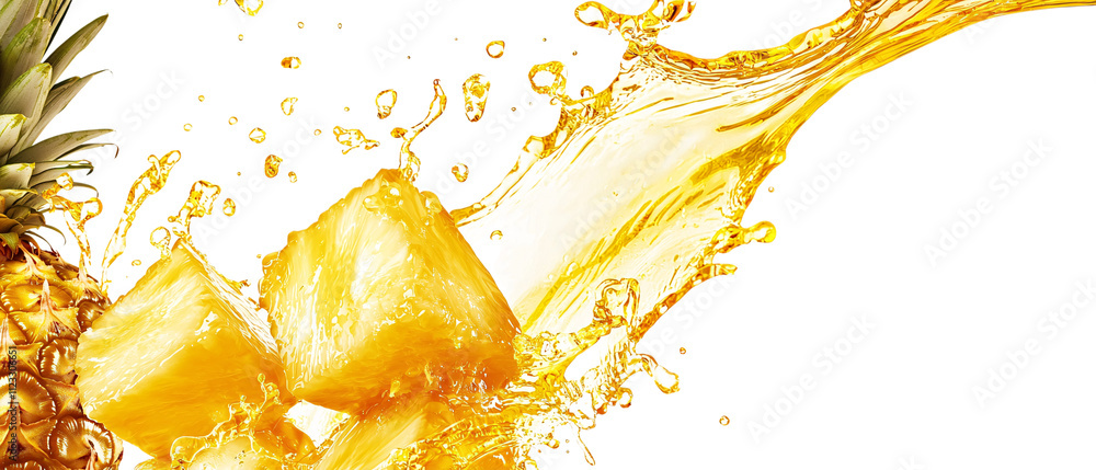 Aufkleber fresh pineapple chunks splashing in vibrant juice, creating refreshing scene