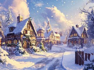 Fototapeta premium Seasonal Christmas hamlet with festive decorations, snowy streets, and a warm holiday vibe for creative stock projects