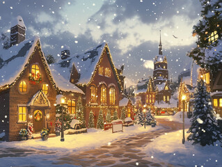 Naklejka premium Winter wonderland town featuring cozy cottages, glowing lanterns, and a cheerful holiday atmosphere, ideal for stock imagery