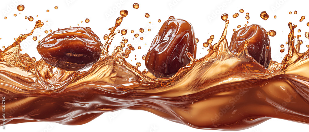 Poster vibrant depiction of ripe dates splashing into deep caramel liquid, creating dynamic and appetizing 