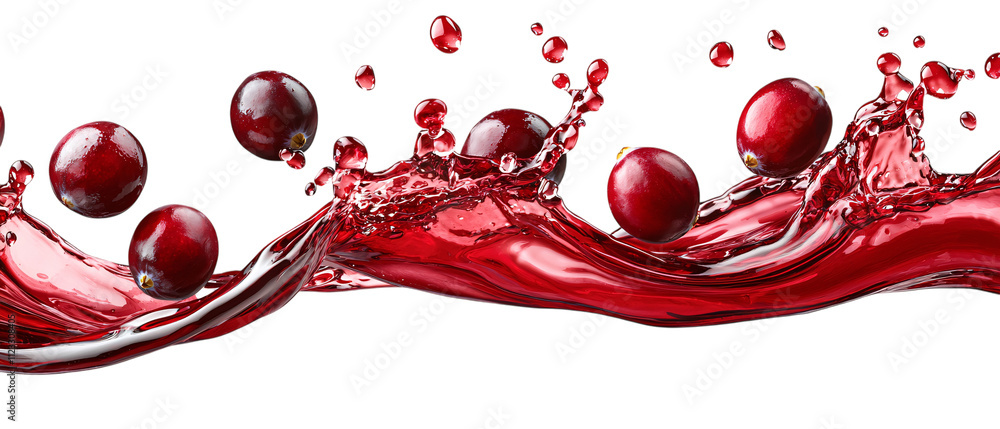 Poster high resolution depiction of shiny cranberries splashing in vibrant red liquid, creating dynamic and