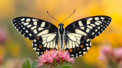 Naklejka premium A beautifully detailed Melanargia lachesis butterfly perches gracefully on colorful blooms, basking in warm sunlight, creating a serene atmosphere