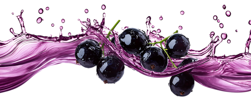 Ripe blackcurrants splashing in vibrant purple water create refreshing scene
