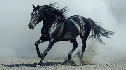 Black stallion running in dust, windblown mane.