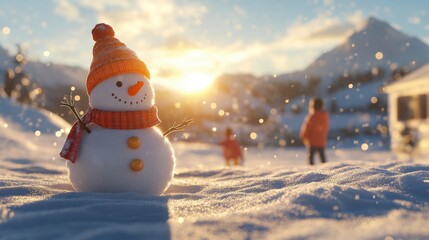 Obraz premium Sunlit winter landscape with partially built snowman and mountains