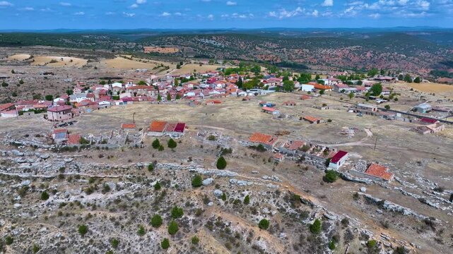 Landscape in the surroundings of the village of Zaorejas. Aerial view from a drone. Molina Alto Tajo Geopark. Alto Tajo Natural Park. Guadalajara Province. Castilla la Mancha. Spain. Europe.