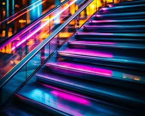 Obraz premium Neon lights reflecting on glass and metal surfaces in an urban setting, creating vibrant patterns over stairs with artistic motion blur effects.