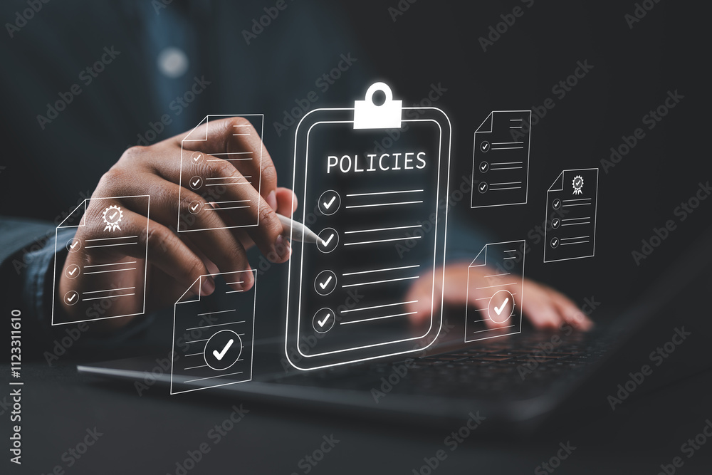 Aufkleber Policy documentation and compliance concept. Man reviews a digital document labeled 