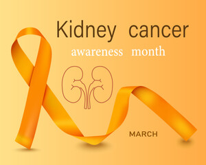Banner, postcard, poster about kidney cancer with vector 3d realistic orange ribbon on an orange background. The symbol of Kidney Cancer Awareness Month. The concept of World Kidney Cancer Day