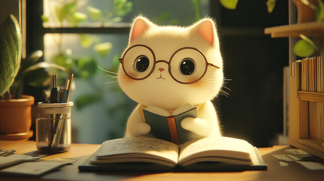 Cute cat reading a book in a cozy study filled with sunlight and plants