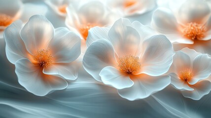 Fototapeta premium Delicate white flowers with soft orange centers on a light background.