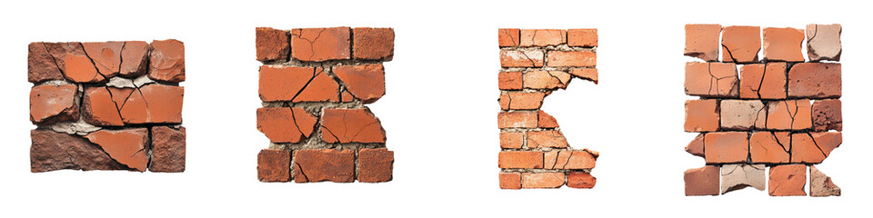 Fototapeta premium Collection of crumbling weathered and distressed brick wall textures in various states of decay damage and destruction Grunge grungy industrial and rustic backgrounds with rough