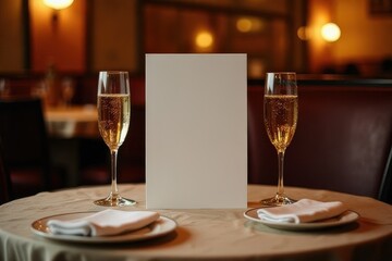 On the table is a white plate decorated with two red hearts, next to it are two glasses with champagne, filled up to half.