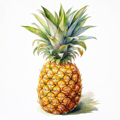 Fototapeta premium Watercolor painting of fresh pineapple isolated on white backdrop. Tropical fruit. Aquarelle art.
