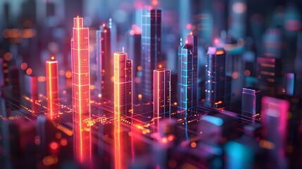 A cityscape with neon lights and buildings is shown in a blurry, abstract style