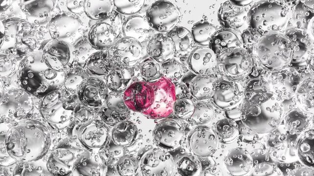 Pink serum with liquid bubbles in a 3D abstract background. Hydrating essence gel with collagen molecules. Moisturizing cream or oil for skincare and beauty.