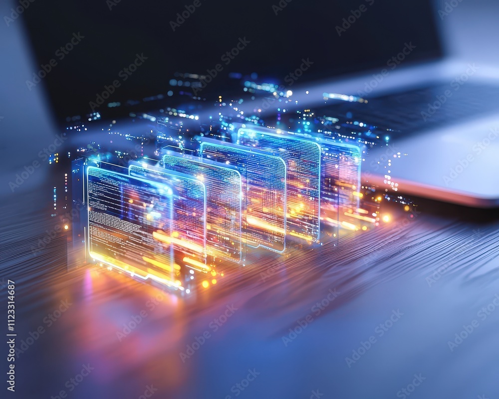 Poster illustration of glowing progress bars showing document synchronization