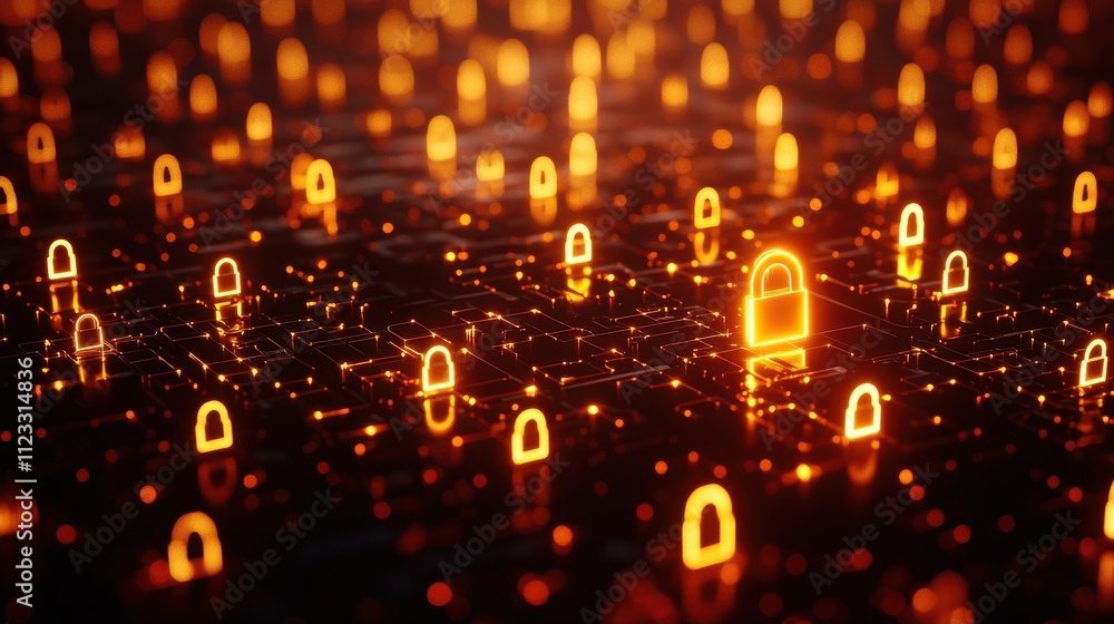 Leinwandbilder A mesmerizing scene of glowing locks scattered in a dark environment, symbolizing security and digital protection.
