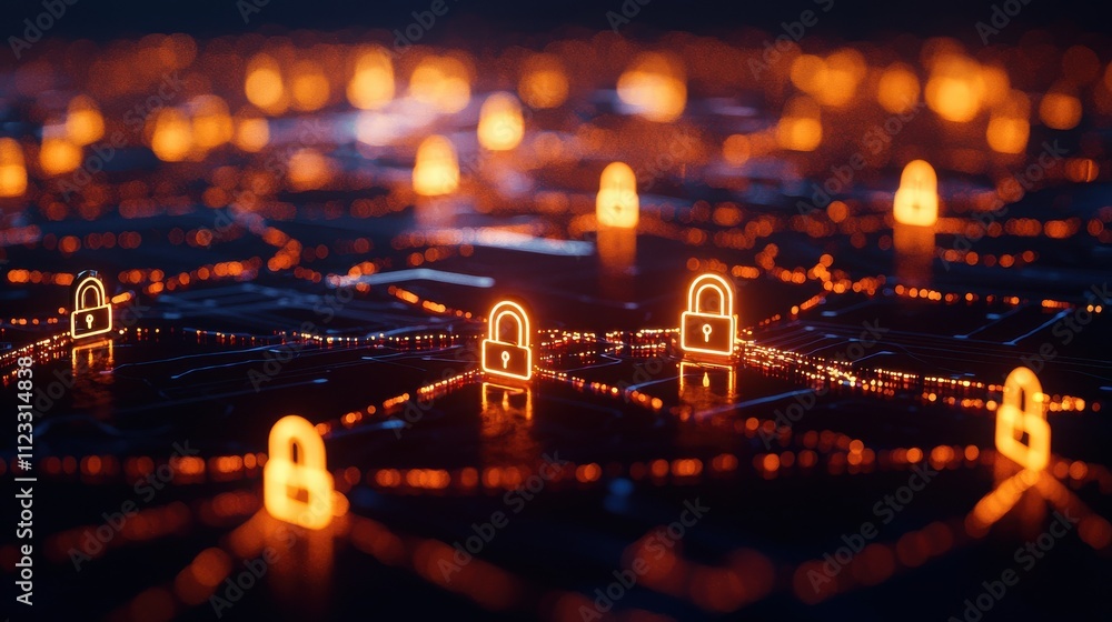 Leinwandbilder a digital network scene featuring glowing padlocks, symbolizing cybersecurity and data protection in