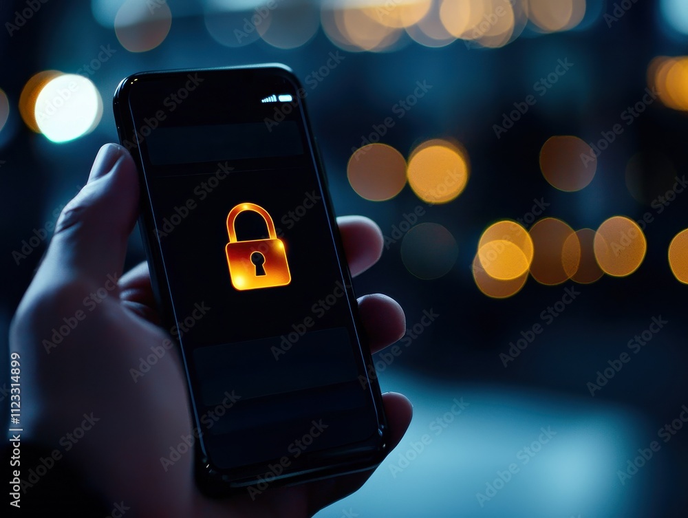 Aufkleber A hand holding a smartphone displaying a glowing padlock symbol, suggesting themes of security and privacy in a digital environment.