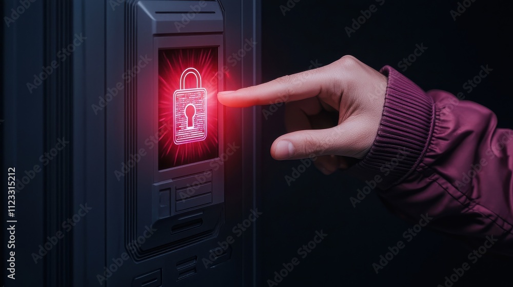 Leinwandbilder a hand pressing a glowing red lock symbol on an electronic device, indicating a security feature in 
